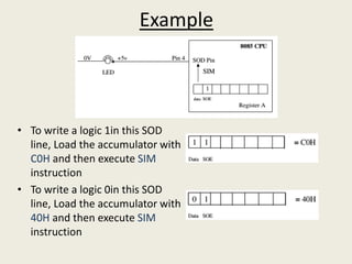 Example
• To write a logic 1in this SOD
line, Load the accumulator with
C0H and then execute SIM
instruction
• To write a logic 0in this SOD
line, Load the accumulator with
40H and then execute SIM
instruction
 