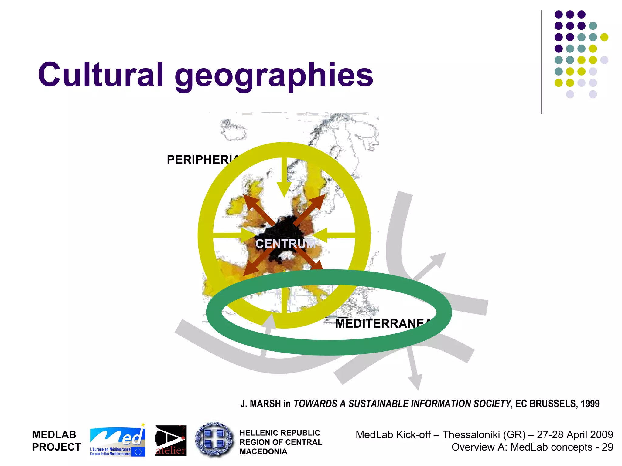 Cultural geographies J. MARSH in  TOWARDS A SUSTAINABLE INFORMATION SOCIETY , EC BRUSSELS, 1999 CENTRUM PERIPHERIA MEDITERRANEA 