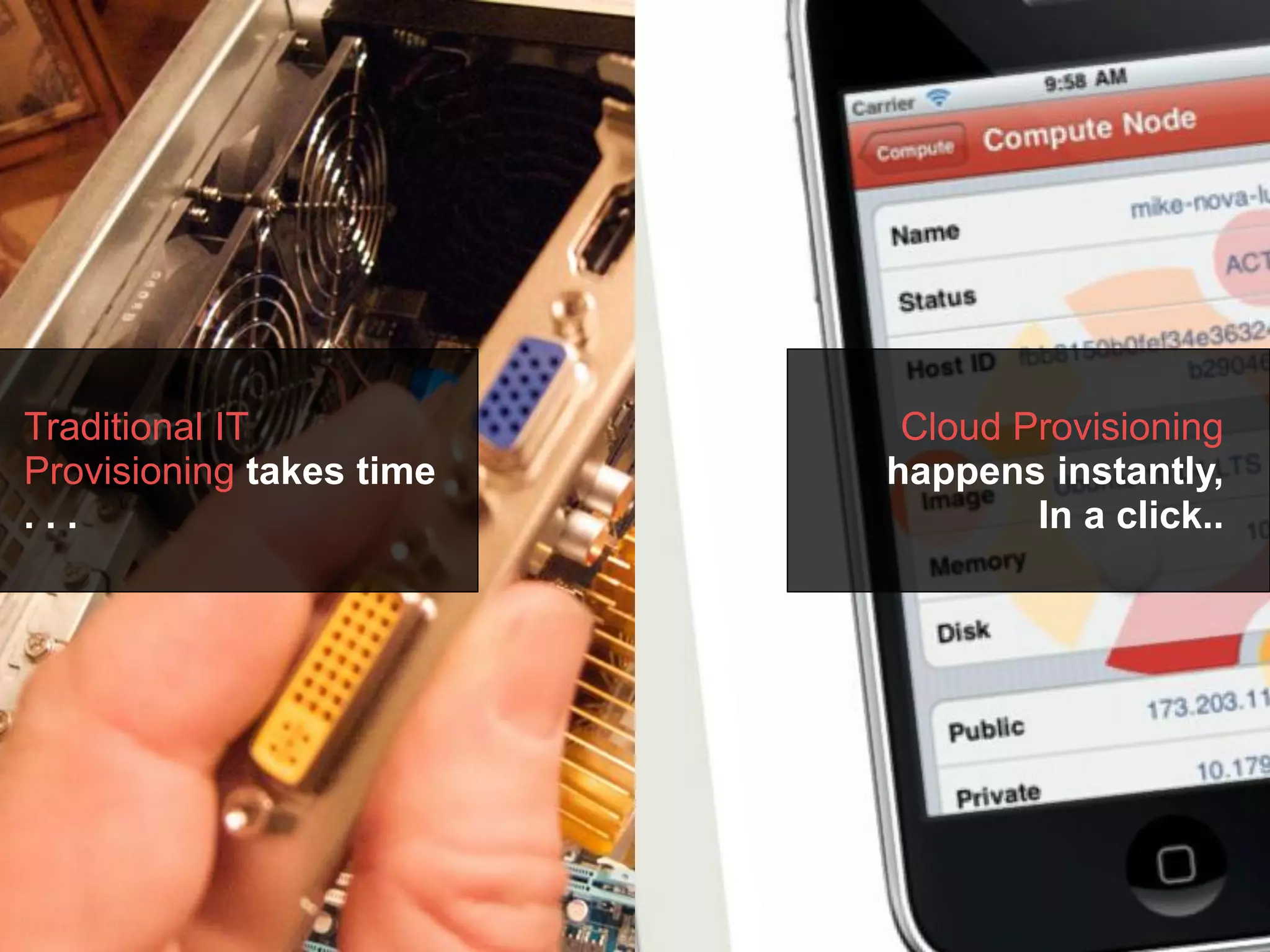 Traditional IT             Cloud Provisioning
Provisioning takes time   happens instantly,
...                               In a click..
 