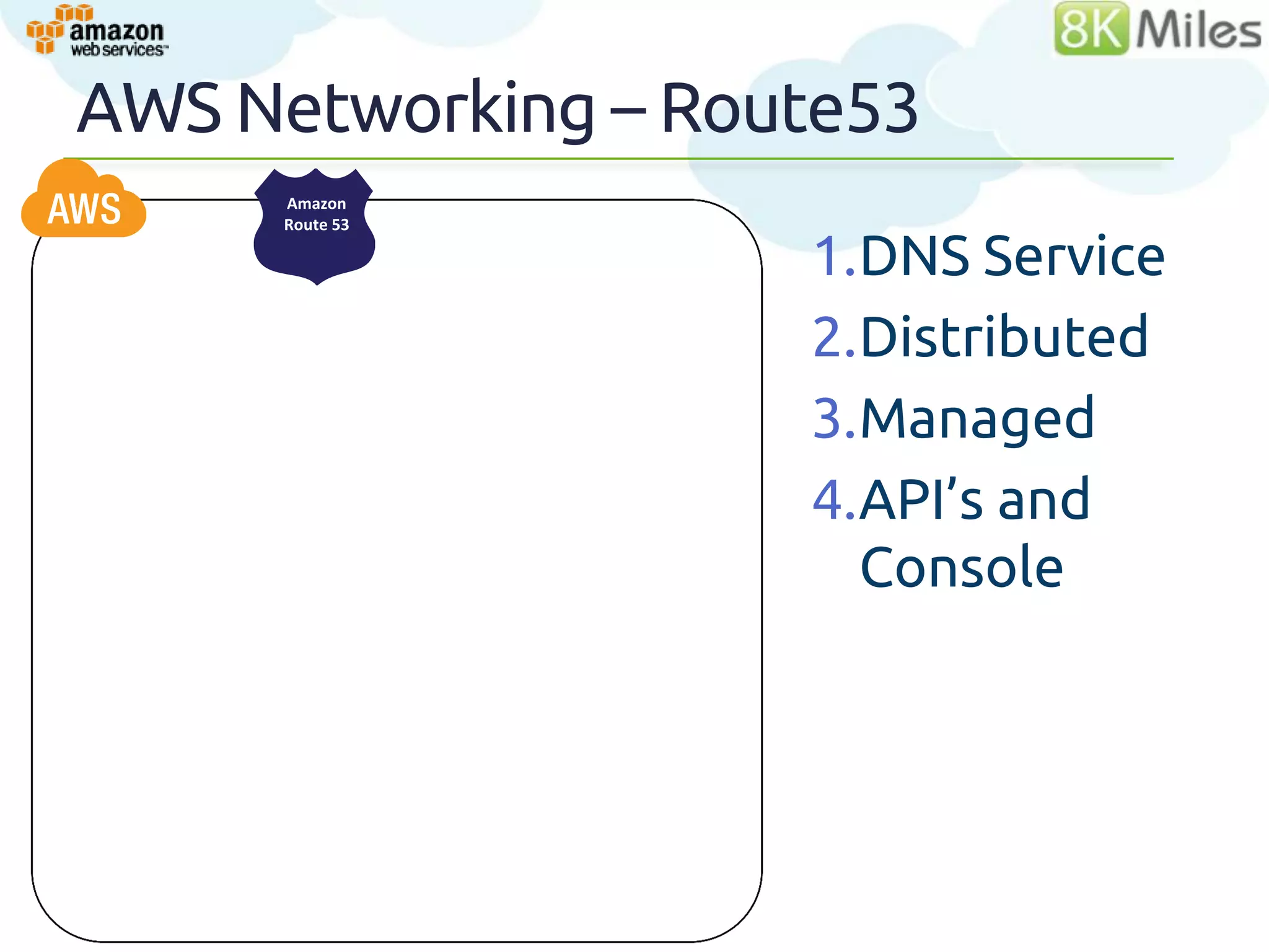 AWS Networking – Route53
     Amazon
     Route 53

                    1.DNS Service
                    2.Distributed
                    3.Managed
                    4.API’s and
                      Console



                                    26
 