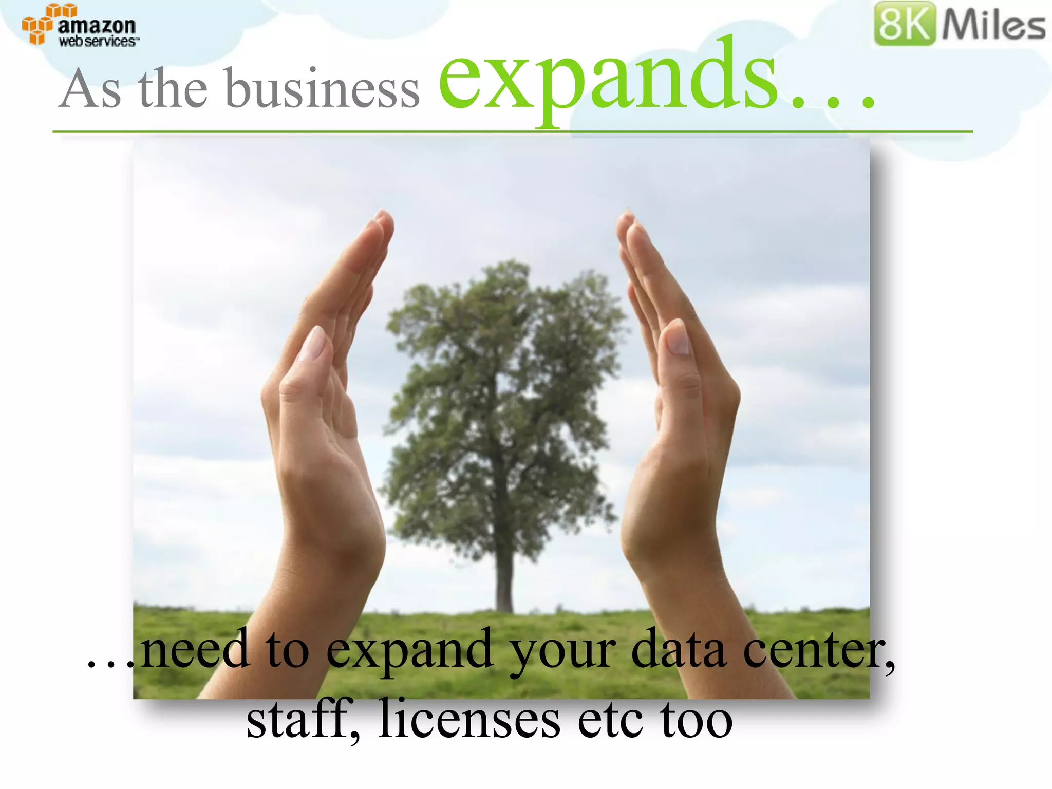 As the business   expands…




…need to expand your data center,
     staff, licenses etc too
 