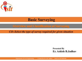Department of Civil Engineering Created By Er.A.B. Jadhav Mob.No 9075009500
Basic Surveying
Presented By
Er. Ashish B.Jadhav
CO:-Select the type of survey required for given situation
 