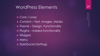 29WordPress Elements
 Core / Loop
 Content – Text, Images, Media
 Theme – Design, Functionality
 Plugins – Added functionality
 Widgets
 Menu
 Dashboard Settings
 