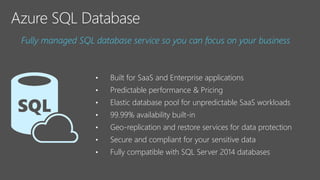 • Built for SaaS and Enterprise applications
• Predictable performance & Pricing
• Elastic database pool for unpredictable SaaS workloads
• 99.99% availability built-in
• Geo-replication and restore services for data protection
• Secure and compliant for your sensitive data
• Fully compatible with SQL Server 2014 databases
Fully managed SQL database service so you can focus on your business
 