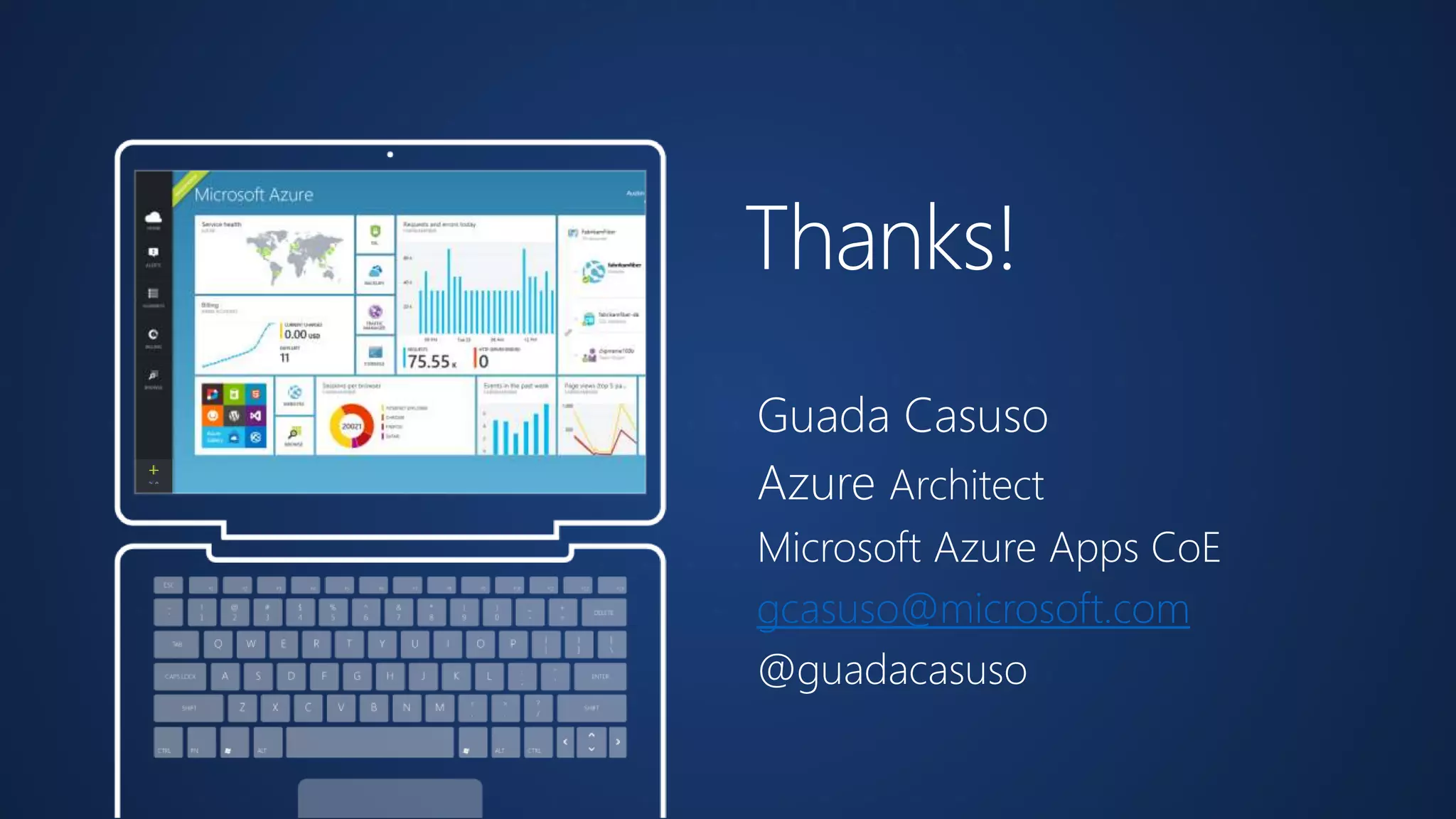 Thanks! 
Guada Casuso 
Azure Architect 
Microsoft Azure Apps CoE 
gcasuso@microsoft.com 
@guadacasuso 
 