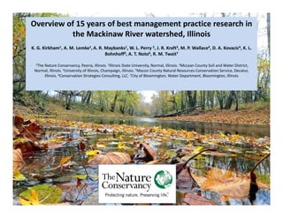 Overview of 15 years of best management practice research in 
the Mackinaw River watershed, Illinois
K. G. Kirkham1, A. M. Lemke1,A. R. Maybanks1, W. L. Perry 2, J. R. Kraft3, M. P. Wallace4, D. A. Kovacic4, K. L. 
Bohnhoff5, A. T. Noto6, R. M. Twait7
1The Nature Conservancy, Peoria, Illinois. 2Illinois State University, Normal, Illinois. 3McLean County Soil and Water District, 
Normal, Illinois. 4University of Illinois, Champaign, Illinois. 5Macon County Natural Resources Conservation Service, Decatur, 
Illinois. 6Conservation Strategies Consulting, LLC. 7City of Bloomington, Water Department, Bloomington, Illinois
 