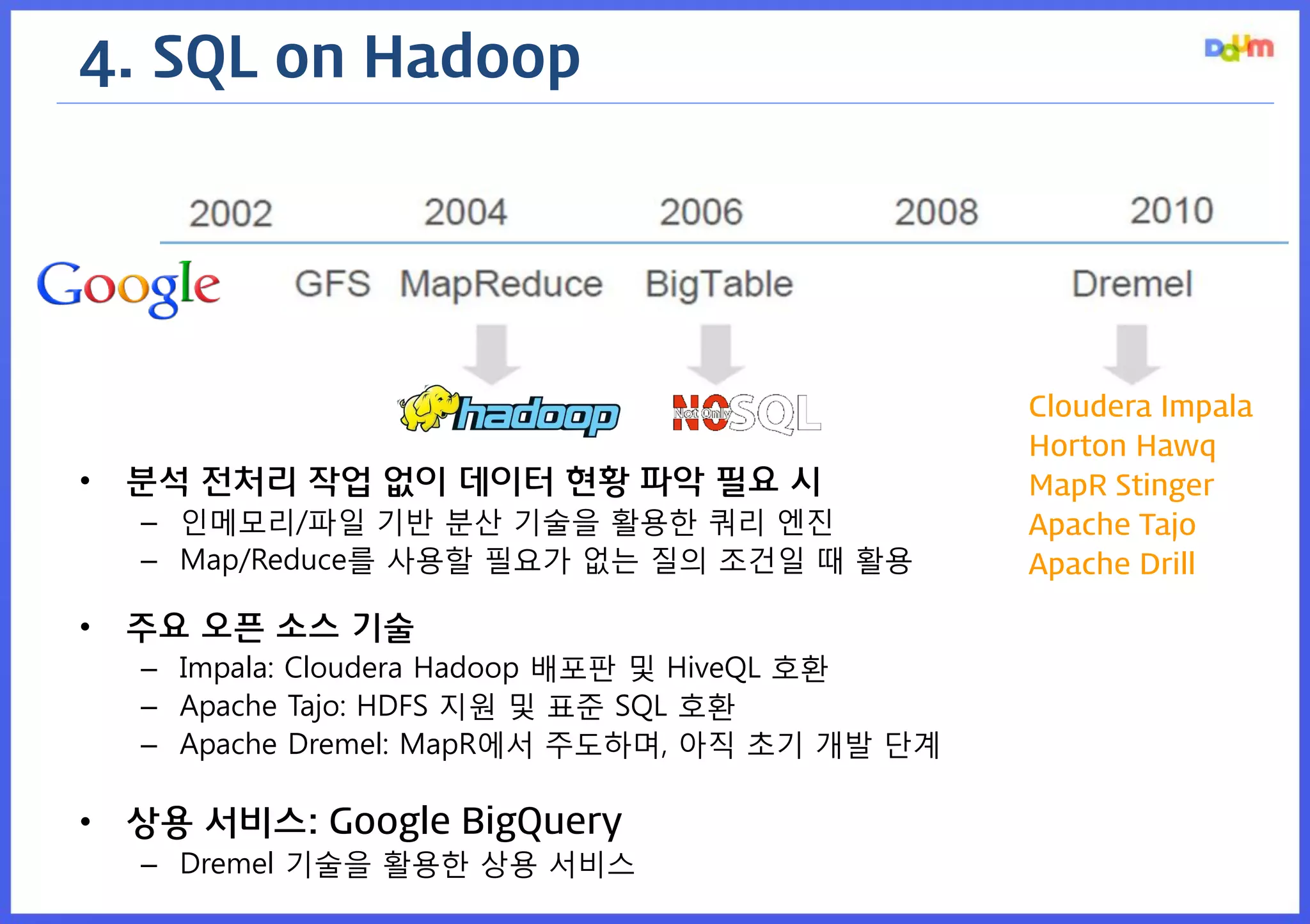 4. SQL on Hadoop 
•분석 전처리 작업 없이 데이터 현황 파악 필요 시 
–인메모리/파일 기반 분산 기술을 활용한 쿼리 엔진 
–Map/Reduce를 사용할 필요가 없는 질의 조건일 때 활용 
•주요 오픈 소스 기술 
–Impala: Cloudera Hadoop 배포판 및 HiveQL 호환 
–Apache Tajo: HDFS 지원 및 표준 SQL 호환 
–Apache Dremel: MapR에서 주도하며, 아직 초기 개발 단계 
•상용 서비스: Google BigQuery 
–Dremel 기술을 활용한 상용 서비스 
Cloudera Impala 
Horton Hawq 
MapR Stinger 
Apache Tajo 
Apache Drill  