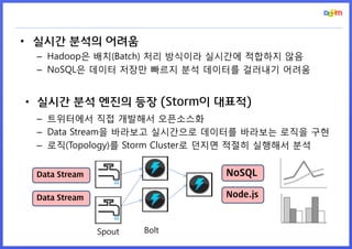 •실시간 분석의 어려움 
–Hadoop은 배치(Batch) 처리 방식이라 실시간에 적합하지 않음 
–NoSQL은 데이터 저장만 빠르지 분석 데이터를 걸러내기 어려움 
•실시간 분석 엔진의 등장 (Storm이 대표적) 
–트위터에서 직접 개발해서 오픈소스화 
–Data Stream을 바라보고 실시간으로 데이터를 바라보는 로직을 구현 
–로직(Topology)를 Storm Cluster로 던지면 적절히 실행해서 분석 
Spout 
Bolt 
Data Stream 
NoSQL 
Node.js 
Data Stream  