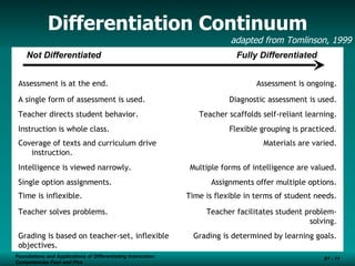 Differentiation Continuum Examine the differentiation continuum and place yourself on the continuum for each of the specific areas. Foundations and Applications of Differentiating Instruction: Competencies Four and Five S1 -  Foundations and Applications of Differentiating Instruction: Competencies Four and Five S1 -  Not Differentiated  Fully Differentiated adapted from Tomlinson, 1999 Not Differentiated Fully Differentiated Assessment is at the end. Assessment is ongoing. A single form of assessment is used. Diagnostic assessment is used. Intelligence is viewed narrowly. Multiple forms of intelligence are valued. Single option assignments. Assignments offer multiple options. Time is inflexible. Time is flexible in terms of student needs. Instruction is whole class. Flexible grouping is practiced. Teacher directs student behavior. Teacher scaffolds self-reliant learning. Coverage of texts and curriculum drive instruction. Materials are varied. Teacher solves problems. Teacher facilitates student problem-solving. Grading is based on teacher-set, inflexible objectives. Grading is determined by learning goals. 