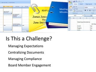 If Yes…..Meet Your Challenges and Save 15-30% of Your Time by Using BoardMax RSVP List James Jones       	Yes  Jane Smith	   Is This a Challenge? Meeting Minutes Managing Expectations Centralizing Documents Managing Compliance Board Member Engagement 