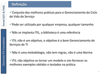 OverviewITILFoundationPortalGSTI&PMG Definição
Conjunto das melhores práticas para o Gerenciamento do Ciclo
de Vida do Serviço
Pode ser utilizada por qualquer empresa, qualquer tamanho
Não se implanta ITIL, a biblioteca é uma referência
ITIL não é um objetivo, o objetivo é o bom Gerenciamento de
Serviços de TI
Não é uma metodologia, não tem regras, não é uma Norma
ITIL não objetiva se tornar um modelo e sim fornecer os
melhores exemplos obtidos e testados na prática
6
 