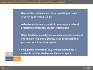 web.alive Is Built With Security & Student Privacy In Mind Student Engagement Customized Environments Software Integration Users either authenticated by pre-existing account  or given anonymous log-on web.alive platform exists within your secure network  protecting confidential student information Class facilitators employees are able to retrieve student  information (e.g. class grades, class schedule) from  your secure information system Only public information (e.g. chosen username) is  available to other students in the same space 