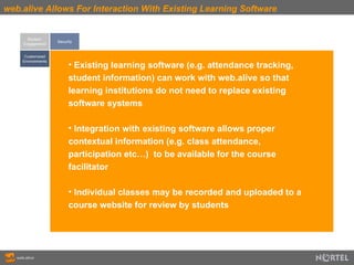 web.alive Allows For Interaction With Existing Learning Software Student  Engagement Customized Environments Security Existing learning software (e.g. attendance tracking, student information) can work with web.alive so that learning institutions do not need to replace existing software systems Integration with existing software allows proper contextual information (e.g. class attendance, participation etc…)  to be available for the course facilitator Individual classes may be recorded and uploaded to a course website for review by students 