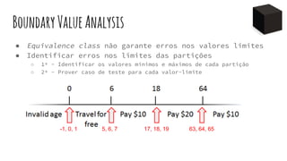 BoundaryValueAnalysis
● Equivalence class não garante erros nos valores limites
● Identificar erros nos limites das partições
○ 1º - Identificar os valores mínimos e máximos de cada partição
○ 2º - Prover caso de teste para cada valor-limite
-1, 0, 1 5, 6, 7 17, 18, 19 63, 64, 65
 