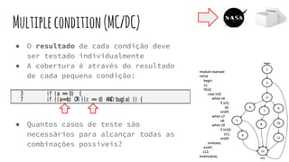 Multiplecondition(MC/DC)
● O resultado de cada condição deve
ser testado individualmente
● A cobertura é através do resultado
de cada pequena condição:
● Quantos casos de teste são
necessários para alcançar todas as
combinações possíveis?
 