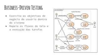 Business-DrivenTesting
● Exercita os objetivos de
negócio do usuário dentro
do sistema
● Mapeia os fluxos de tela e
a execução das tarefas
 