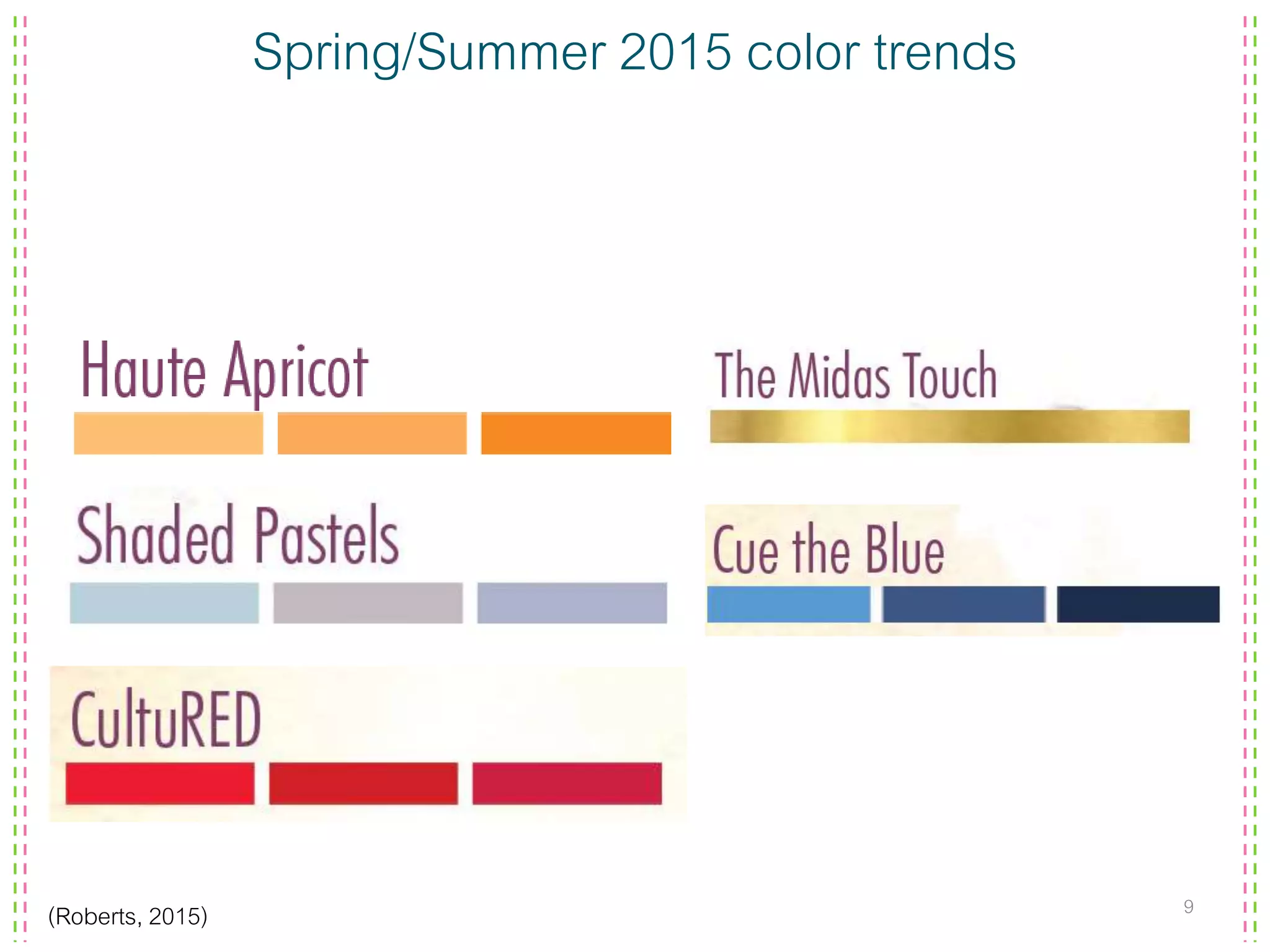 Spring/Summer 2015 color trends
9(Roberts, 2015)
 