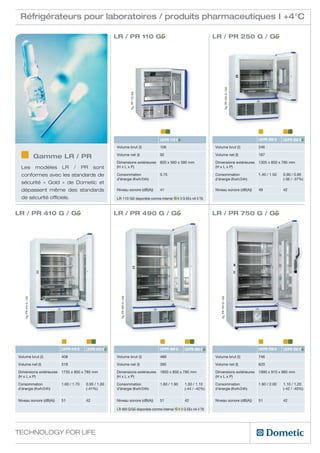 Réfrigérateurs pour laboratoires / produits pharmaceutiques I +4°C

                                                                    LR / PR 110 GG                                                              LR / PR 250 G / GG




                                                                                                                                                                  fig. PR 250 G / GG
                                                                                           fig. PR 110 GG

                                                                                                            LR/PR 110 GG                                                               LR/PR 250 G   LR/PR 250 GG
                                                                    Volume brut (l)                         106                                 Volume brut (l)                        246

                         Gamme LR / PR                              Volume net (l)                          92                                  Volume net (l)                         167

                                                                    Dimensions extérieures                  820 x 560 x 580 mm                  Dimensions extérieures                 1305 x 850 x 785 mm
 Les                     modèles   LR     /      PR       sont      (H x L x P)                                                                 (H x L x P)

 conformes avec les standards de                                    Consommation                            0.75                                Consommation                           1.40 / 1.50   0.90 / 0.95
                                                                    d’énergie (Kwh/24h)                                                         d’énergie (Kwh/24h)                                  (-36 / -37%)
 sécurité « Gold  » de Dometic et
 dépassent même des standards                                       Niveau sonore (dB(A))                   41                                  Niveau sonore (dB(A))                  49            42

 de sécurité officiels.                                             LR 110 GG disponible comme Internal               II 3 G EEx nA II T6



LR / PR 410 G / GG                                                  LR / PR 490 G / GG                                                          LR / PR 750 G / GG
                                                                      fig. PR 490 G / GG




                                                                                                                                                   fig. PR 750 G / GG
    fig. PR 410 G / GG




                                    fig. PR 410 GG
                                   LR/PR 410 G       LR/PR 410 GG                                           LR/PR 490 G       LR/PR 490 GG                                             LR/PR 750 G GG
                                                                                                                                                                                          fig. PR 410
                                                                                                                                                                                                      LR/PR 750 GG
Volume brut (l)                    408                              Volume brut (l)                         489                                 Volume brut (l)                        746

Volume net (l)                     319                              Volume net (l)                          395                                 Volume net (l)                         620

Dimensions extérieures             1735 x 850 x 785 mm              Dimensions extérieures                  1950 x 850 x 785 mm                 Dimensions extérieures                 1990 x 910 x 985 mm
(H x L x P)                                                         (H x L x P)                                                                 (H x L x P)

Consommation                       1.60 / 1.70       0.95 / 1.00    Consommation                            1.80 / 1.90       1.00 / 1.10       Consommation                           1.90 / 2.00   1.10 / 1.20
d’énergie (Kwh/24h)                                  (-41%)         d’énergie (Kwh/24h)                                       (-44 / -42%)      d’énergie (Kwh/24h)                                  (-42 / -40%)


Niveau sonore (dB(A))              51                42             Niveau sonore (dB(A))                   51                42                Niveau sonore (dB(A))                  51            42

                                                                    LR 490 G/GG disponible comme Internal                 II 3 G EEx nA II T6




Technology for Life
 