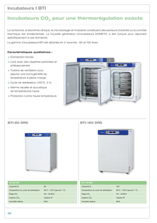 Incubateurs I BTI

Incubateurs CO2 pour une thermorégulation exacte

La recherche, la biochimie clinique, la microbiologie et l’industrie constituent des secteurs d’activité ou la contrôle
thermique est fondamentale. La nouvelle génération d’incubateurs DOMETIC a été conçue pour répondre
spécifiquement à ces domaines.

La gamme d’incubateurs BTI est déclinée en 2 volumes : 80 et 165 litres.



Caractéristiques qualitatives :

≥ Convection forcée

≥  ivré avec des clayettes perforées et
  L
  antibasculantes

  T
≥  urbine de ventilation pour
  assurer une homogénéité de
  température à pleine charge

≥ Cycle de stérilisation (140°C, 2 h)

≥  larme visuelle et acoustique
  A
  de températures haute

≥ Protection contre haute température




BTI-80 DRS                                                            BTI-165 DRS




 BTI-80 DRS                                                           BTI-165 DRS

 Capacité (l)                            80                           Capacité (l)                            163

 Température du cycle de stérilisation   60°C – 140°C (pas de 1 °C)   Température du cycle de stérilisation   60°C – 140°C (pas de 1 °C)

 Plage CO2                               0% - 20.00%                  Plage CO2                               0% - 20.00%

 Capteur CO2                             Capteur IR                   Capteur CO2                             Capteur IR

 Humidité relative                       95%                          Humidité relative                       95%




36
 