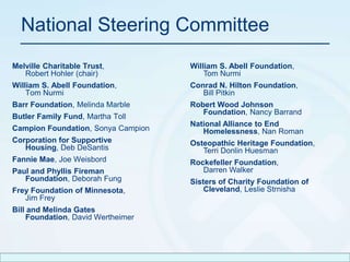 National Steering CommitteeMelville Charitable Trust, Robert Hohler (chair)William S. Abell Foundation,Tom NurmiBarr Foundation, Melinda MarbleButler Family Fund, Martha TollCampion Foundation, Sonya CampionCorporation for Supportive Housing, Deb DeSantisFannie Mae, Joe WeisbordPaul and Phyllis Fireman Foundation, Deborah FungFrey Foundation of Minnesota, Jim FreyBill and Melinda Gates Foundation, David WertheimerWilliam S. Abell Foundation,Tom NurmiConrad N. Hilton Foundation, Bill PitkinRobert Wood Johnson Foundation, Nancy BarrandNational Alliance to End Homelessness, Nan RomanOsteopathic Heritage Foundation, Terri Donlin HuesmanRockefeller Foundation, Darren WalkerSisters of Charity Foundation of Cleveland, Leslie Strnisha