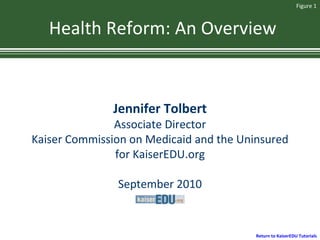 Health Reform: An Overview Jennifer Tolbert Associate Director Kaiser Commission on Medicaid and the Uninsured for KaiserEDU.org September 2010 Return to KaiserEDU Tutorials Figure 1 