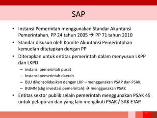 SAP
• Instansi Pemerintah menggunakan Standar Akuntansi
Pemerintahan, PP 24 tahun 2005  PP 71 tahun 2010
• Standar disusun oleh Komite Akuntansi Pemerintahan
kemudian ditetapkan dengan PP
• Diterapkan untuk entitas pemerintah dalam menyusun LKPP
dan LKPD:
– instansi pemerintah pusat
– Instansi pemerintah daerah
– BLU dikonsolidasikan dengan LKP – menggunakan PSAP dan PSAK,
– BUMN (sbg investasi pemerintah)  menggunakan PSAK
• Entitas sektor publik selain pemerintah menggunakan PSAK 45
untuk pelaporan dan yang lain mengikuti PSAK / SAK ETAP.
10
 