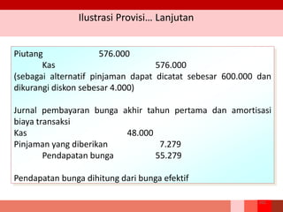Ilustrasi Provisi… Lanjutan
102
Piutang 576.000
Kas 576.000
(sebagai alternatif pinjaman dapat dicatat sebesar 600.000 dan
dikurangi diskon sebesar 4.000)
Jurnal pembayaran bunga akhir tahun pertama dan amortisasi
biaya transaksi
Kas 48.000
Pinjaman yang diberikan 7.279
Pendapatan bunga 55.279
Pendapatan bunga dihitung dari bunga efektif
 