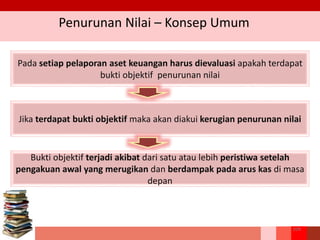 Penurunan Nilai – Konsep Umum
104
Pada setiap pelaporan aset keuangan harus dievaluasi apakah terdapat
bukti objektif penurunan nilai
Jika terdapat bukti objektif maka akan diakui kerugian penurunan nilai
Bukti objektif terjadi akibat dari satu atau lebih peristiwa setelah
pengakuan awal yang merugikan dan berdampak pada arus kas di masa
depan
 
