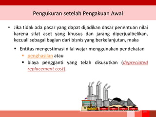 Pengukuran setelah Pengakuan Awal
• Jika tidak ada pasar yang dapat dijadikan dasar penentuan nilai
karena sifat aset yang khusus dan jarang diperjualbelikan,
kecuali sebagai bagian dari bisnis yang berkelanjutan, maka
 Entitas mengestimasi nilai wajar menggunakan pendekatan
 penghasilan atau
 biaya pengganti yang telah disusutkan (depreciated
replacement cost).
139
 