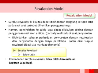 Revaluation Model
Revaluation Model
• Surplus revaluasi di ekuitas dapat dipindahkan langsung ke sado laba
pada saat aset tersebut dihentikan penggunaannya.
• Namun, pemindahan ke saldo laba dapat dilakukan seiring dengan
penggunaan aset oleh entitas. (partially realized)  saat penyusutan
– Dipindahkan sebesar perbedaan penyusutan dengan revaluasian
dan penyusutan dengan biaya perolehan (atau nilai surplus
revaluasi dibagi sisa manfaat ekonomis)
• Pemindahan surplus revaluasi tidak dilakukan melalui
Laporan Laba Rugi.
Dr Surplus Revaluasi
Cr Saldo Laba
145
 