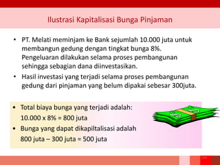 Ilustrasi Kapitalisasi Bunga Pinjaman
• PT. Melati meminjam ke Bank sejumlah 10.000 juta untuk
membangun gedung dengan tingkat bunga 8%.
Pengeluaran dilakukan selama proses pembangunan
sehingga sebagian dana diinvestasikan.
• Hasil investasi yang terjadi selama proses pembangunan
gedung dari pinjaman yang belum dipakai sebesar 300juta.
154
• Total biaya bunga yang terjadi adalah:
10.000 x 8% = 800 juta
• Bunga yang dapat dikapiltalisasi adalah
800 juta – 300 juta = 500 juta
 