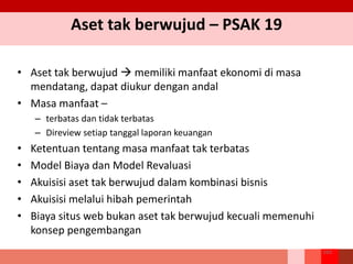 Aset tak berwujud – PSAK 19
• Aset tak berwujud  memiliki manfaat ekonomi di masa
mendatang, dapat diukur dengan andal
• Masa manfaat –
– terbatas dan tidak terbatas
– Direview setiap tanggal laporan keuangan
• Ketentuan tentang masa manfaat tak terbatas
• Model Biaya dan Model Revaluasi
• Akuisisi aset tak berwujud dalam kombinasi bisnis
• Akuisisi melalui hibah pemerintah
• Biaya situs web bukan aset tak berwujud kecuali memenuhi
konsep pengembangan
163
 