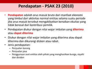 Pendapatan - PSAK 23 (2010)
• Pendapatan adalah arus masuk bruto dari manfaat ekonomi
yang timbul dari aktivitas normal entitas selama suatu periode
jika arus masuk tersebut mengakibatkan kenaikan ekuitas yang
tidak berasal dari kontribusi pemilik.
• Pendapatan diukur dengan nilai wajar imbalan yang diterima
atau dapat diterima
• Diukur dengan nilai wajar imbalan yang diterima atau dapat
diterima dan dikurangi diskon atau rabat.
• Jenis pendapatan:
– Penjualan barang
– Penjualan jasa
– Penggunaan aset entitas oleh pihak yang menghasilkan bunga, royalti
dan dividen
173
 