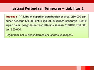 Ilustrasi: PT. Mitra melaporkan penghasilan sebesar 260.000 dan
beban sebesar 120.000 untuk tiga tahun periode usahanya. Untuk
tujuan pajak, penghasilan yang diterima sebesar 200.000, 300.000
dan 280.000.
Bagaimana hal ini dilaporkan dalam laporan keuangan?
Ilustrasi Perbedaan Temporer – Liabilitas 1
 