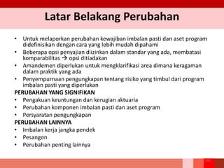 Latar Belakang Perubahan
• Untuk melaporkan perubahan kewajiban imbalan pasti dan aset program
didefinisikan dengan cara yang lebih mudah dipahami
• Beberapa opsi penyajian diizinkan dalam standar yang ada, membatasi
komparabilitas  opsi ditiadakan
• Amandemen diperlukan untuk mengklarifikasi area dimana keragaman
dalam praktik yang ada
• Penyempurnaan pengungkapan tentang risiko yang timbul dari program
imbalan pasti yang diperlukan
PERUBAHAN YANG SIGNIFIKAN
• Pengakuan keuntungan dan kerugian aktuaria
• Perubahan komponen imbalan pasti dan aset program
• Persyaratan pengungkapan
PERUBAHAN LAINNYA
• Imbalan kerja jangka pendek
• Pesangon
• Perubahan penting lainnya
190
 