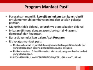 Program Manfaat Pasti
• Perusahaan memiliki kewajiban hukum dan konstrukstif
untuk memenuhi pembayaran imbalan setelah pekerja
pensiun.
• Mungkin tidak didanai, seluruhnya atau sebagian didanai
• Imbalan dihitung dengan asumsi aktuarial  asumsi
demografi dan keuangan.
• Dana diakumulasikan dalam Aset Program
• Risiko atas manfaat pasti:
– Risiko aktuarial  jumlah kewajiban imbalan pasti berbeda dari
yang diharapkan karena perubahan asumsi aktuaria
– Risiko investasi  hasil investasi atas aset program berbeda dari
yang diharapkan.
RISIKO MENIMBULKAN KEUNTUNGAN/KERUGIAN AKTUARIAL
197
 