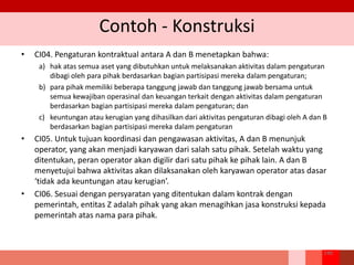 Contoh - Konstruksi
• CI04. Pengaturan kontraktual antara A dan B menetapkan bahwa:
a) hak atas semua aset yang dibutuhkan untuk melaksanakan aktivitas dalam pengaturan
dibagi oleh para pihak berdasarkan bagian partisipasi mereka dalam pengaturan;
b) para pihak memiliki beberapa tanggung jawab dan tanggung jawab bersama untuk
semua kewajiban operasinal dan keuangan terkait dengan aktivitas dalam pengaturan
berdasarkan bagian partisipasi mereka dalam pengaturan; dan
c) keuntungan atau kerugian yang dihasilkan dari aktivitas pengaturan dibagi oleh A dan B
berdasarkan bagian partisipasi mereka dalam pengaturan
• CI05. Untuk tujuan koordinasi dan pengawasan aktivitas, A dan B menunjuk
operator, yang akan menjadi karyawan dari salah satu pihak. Setelah waktu yang
ditentukan, peran operator akan digilir dari satu pihak ke pihak lain. A dan B
menyetujui bahwa aktivitas akan dilaksanakan oleh karyawan operator atas dasar
‘tidak ada keuntungan atau kerugian’.
• CI06. Sesuai dengan persyaratan yang ditentukan dalam kontrak dengan
pemerintah, entitas Z adalah pihak yang akan menagihkan jasa konstruksi kepada
pemerintah atas nama para pihak.
248
 