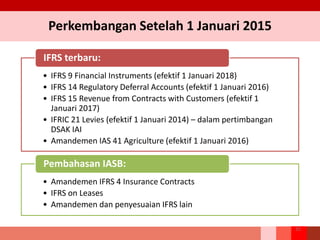 Perkembangan Setelah 1 Januari 2015
25
• IFRS 9 Financial Instruments (efektif 1 Januari 2018)
• IFRS 14 Regulatory Deferral Accounts (efektif 1 Januari 2016)
• IFRS 15 Revenue from Contracts with Customers (efektif 1
Januari 2017)
• IFRIC 21 Levies (efektif 1 Januari 2014) – dalam pertimbangan
DSAK IAI
• Amandemen IAS 41 Agriculture (efektif 1 Januari 2016)
IFRS terbaru:
• Amandemen IFRS 4 Insurance Contracts
• IFRS on Leases
• Amandemen dan penyesuaian IFRS lain
Pembahasan IASB:
 