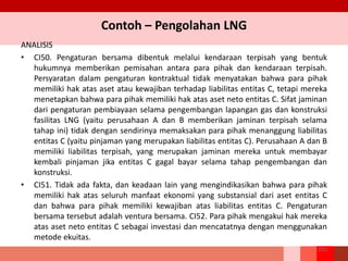Contoh – Pengolahan LNG
ANALISIS
• CI50. Pengaturan bersama dibentuk melalui kendaraan terpisah yang bentuk
hukumnya memberikan pemisahan antara para pihak dan kendaraan terpisah.
Persyaratan dalam pengaturan kontraktual tidak menyatakan bahwa para pihak
memiliki hak atas aset atau kewajiban terhadap liabilitas entitas C, tetapi mereka
menetapkan bahwa para pihak memiliki hak atas aset neto entitas C. Sifat jaminan
dari pengaturan pembiayaan selama pengembangan lapangan gas dan konstruksi
fasilitas LNG (yaitu perusahaan A dan B memberikan jaminan terpisah selama
tahap ini) tidak dengan sendirinya memaksakan para pihak menanggung liabilitas
entitas C (yaitu pinjaman yang merupakan liabilitas entitas C). Perusahaan A dan B
memiliki liabilitas terpisah, yang merupakan jaminan mereka untuk membayar
kembali pinjaman jika entitas C gagal bayar selama tahap pengembangan dan
konstruksi.
• CI51. Tidak ada fakta, dan keadaan lain yang mengindikasikan bahwa para pihak
memiliki hak atas seluruh manfaat ekonomi yang substansial dari aset entitas C
dan bahwa para pihak memiliki kewajiban atas liabilitas entitas C. Pengaturan
bersama tersebut adalah ventura bersama. CI52. Para pihak mengakui hak mereka
atas aset neto entitas C sebagai investasi dan mencatatnya dengan menggunakan
metode ekuitas.
253
 