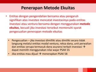 Penerapan Metode Ekuitas
• Entitas dengan pengendalian bersama atau pengaruh
signifikan atas investee mencatat investasinya pada entitas
investasi atau ventura bersama dengan menggunakan metode
ekuitas, kecuali jika investasi tersebut memenuhi syarat
pengecualian penerapan metode ekuitas
255
• Pengecualian – jika investasi dimilliki atau dimiliki secara tidak
langsung melalui entitas modal ventura, reksa dana, unit perwalian
dan entitas serupa termasuk dana asuransi terkait investasi 
dapat memilih menggunakan nilai wajar PSAK 55
• Jika entitas mau dijual  menerapkan PSAK 58
 