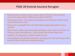PSAK 28 Kontrak Asuransi Kerugian
270
• Kontrak asuransi diatur secara umum dalam PSAK 62, untuk kontrak
asuransi kerugian diatur lebih khusus dalam PSAK 28
• Pendapatan premi  pengakuan pendapatan berdasarkan kontrak polis
atau berdasarkan risiko.
• Reasuransi : prospektif dan retroaktif dipertanggungjawabkan secara
terpisah.
• Beban klaim : diakui saat timbulnya kewajiban untuk memenuhi klaim 
disetuju; poses penyelesaian; sudah terjadi tapi belum dilaporkan.
• Liabilitas  utang klaim; estimasi klaim retensi
• Pengungkapan kebijakan akuntansi; piutang premi dari penutupan polis
bersama dan jumlah premi jangka panjang
 