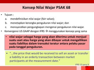 Konsep Nilai Wajar PSAK 68
• Tujuan :
a. mendefinisikan nilai wajar (fair value);
b. menetapkan kerangka pengukuran nilai wajar; dan
c. mensyaratkan pengungkapan mengenai pengukuran nilai wajar.
• Konvergensi US GAAP dengan IFRS  menggunakan konsep yang sama
276
• nilai wajar sebagai harga yang akan diterima untuk menjual
suatu aset atau harga yang akan dibayar untuk mengalihkan
suatu liabilitas dalam transaksi teratur antara pelaku pasar
pada tanggal pengukuran.
• “...the price that would be received to sell an asset or transfer
a liability in an orderly transaction between market
participants at the measurement date.”
IFRS 13 para 9
 