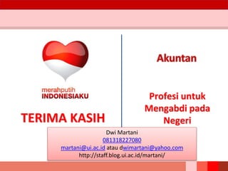 TERIMA KASIH
Profesi untuk
Mengabdi pada
Negeri
Dwi Martani
081318227080
martani@ui.ac.id atau dwimartani@yahoo.com
http://staff.blog.ui.ac.id/martani/
 