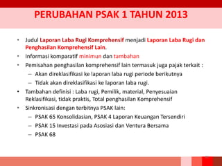 PERUBAHAN PSAK 1 TAHUN 2013
• Judul Laporan Laba Rugi Komprehensif menjadi Laporan Laba Rugi dan
Penghasilan Komprehensif Lain.
• Informasi komparatif minimun dan tambahan
• Pemisahan penghasilan komprehensif lain termasuk juga pajak terkait :
– Akan direklasifikasi ke laporan laba rugi periode berikutnya
– Tidak akan direklasifikasi ke laporan laba rugi.
• Tambahan definisi : Laba rugi, Pemilik, material, Penyesuaian
Reklasifikasi, tidak praktis, Total penghasilan Komprehensif
• Sinkronisasi dengan terbitnya PSAK lain:
– PSAK 65 Konsolidasian, PSAK 4 Laporan Keuangan Tersendiri
– PSAK 15 Investasi pada Asosiasi dan Ventura Bersama
– PSAK 68
43
 