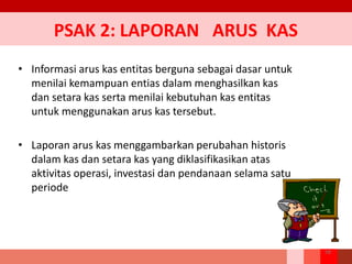 PSAK 2: LAPORAN ARUS KAS
• Informasi arus kas entitas berguna sebagai dasar untuk
menilai kemampuan entias dalam menghasilkan kas
dan setara kas serta menilai kebutuhan kas entitas
untuk menggunakan arus kas tersebut.
• Laporan arus kas menggambarkan perubahan historis
dalam kas dan setara kas yang diklasifikasikan atas
aktivitas operasi, investasi dan pendanaan selama satu
periode
58
 