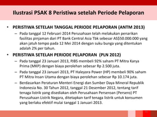Ilustrasi PSAK 8 Peristiwa setelah Periode Pelaporan
• PERISTIWA SETELAH TANGGAL PERIODE PELAPORAN (ANTM 2013)
– Pada tanggal 12 Februari 2014 Perusahaan telah melakukan penarikan
fasilitas pinjaman dari PT Bank Central Asia Tbk sebesar AS$50.000.000 yang
akan jatuh tempo pada 12 Mei 2014 dengan suku bunga yang ditentukan
adalah 2% per tahun.
• PERISTIWA SETELAH PERIODE PELAPORAN (PLN 2012)
– Pada tanggal 23 Januari 2013, PJBS membeli 92% saham PT Mitra Karya
Prima (MKP) dengan biaya perolehan sebesar Rp 2.500 juta.
– Pada tanggal 23 Januari 2013, PT Haleyora Power (HP) membeli 90% saham
PT Mitra Insan Utama dengan biaya perolehan sebesar Rp 10.174 juta.
– Berdasarkan Peraturan Menteri Energi dan Sumber Daya Mineral Republik
Indonesia No. 30 Tahun 2012, tanggal 21 Desember 2012, tentang tarif
tenaga listrik yang disediakan oleh Perusahaan Perseroan (Persero) PT
Perusahaan Listrik Negara, ditetapkan tarif tenaga listrik untuk konsumen
yang berlaku efektif mulai tanggal 1 Januari 2013.
72
 
