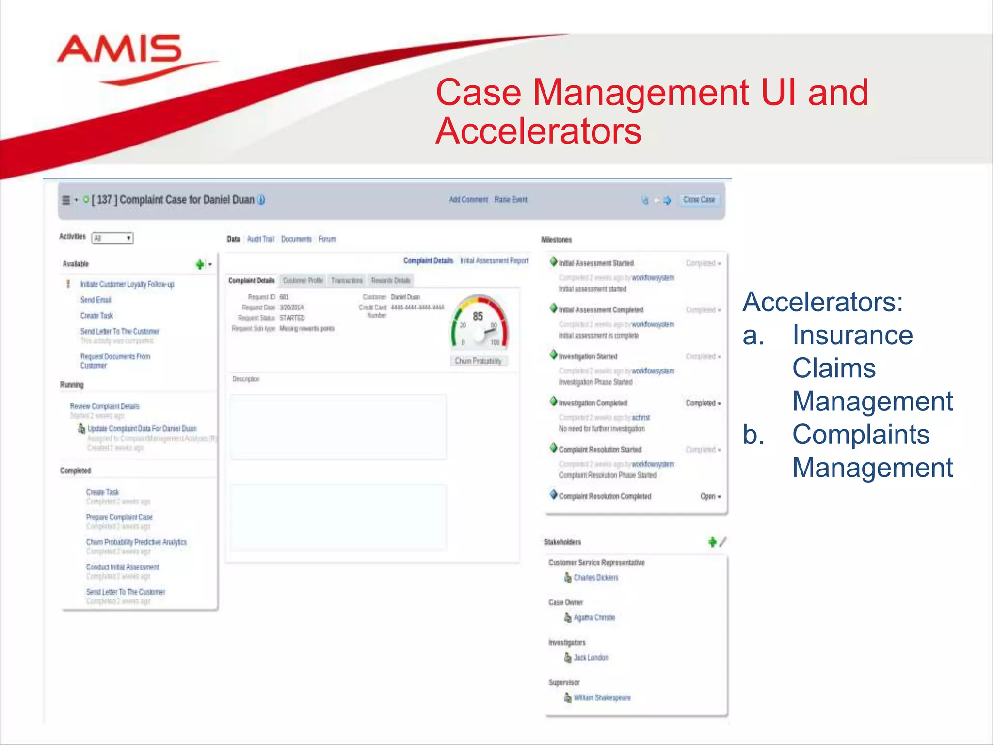 Case Management UI and
Accelerators
Accelerators:
a. Insurance
Claims
Management
b. Complaints
Management
 