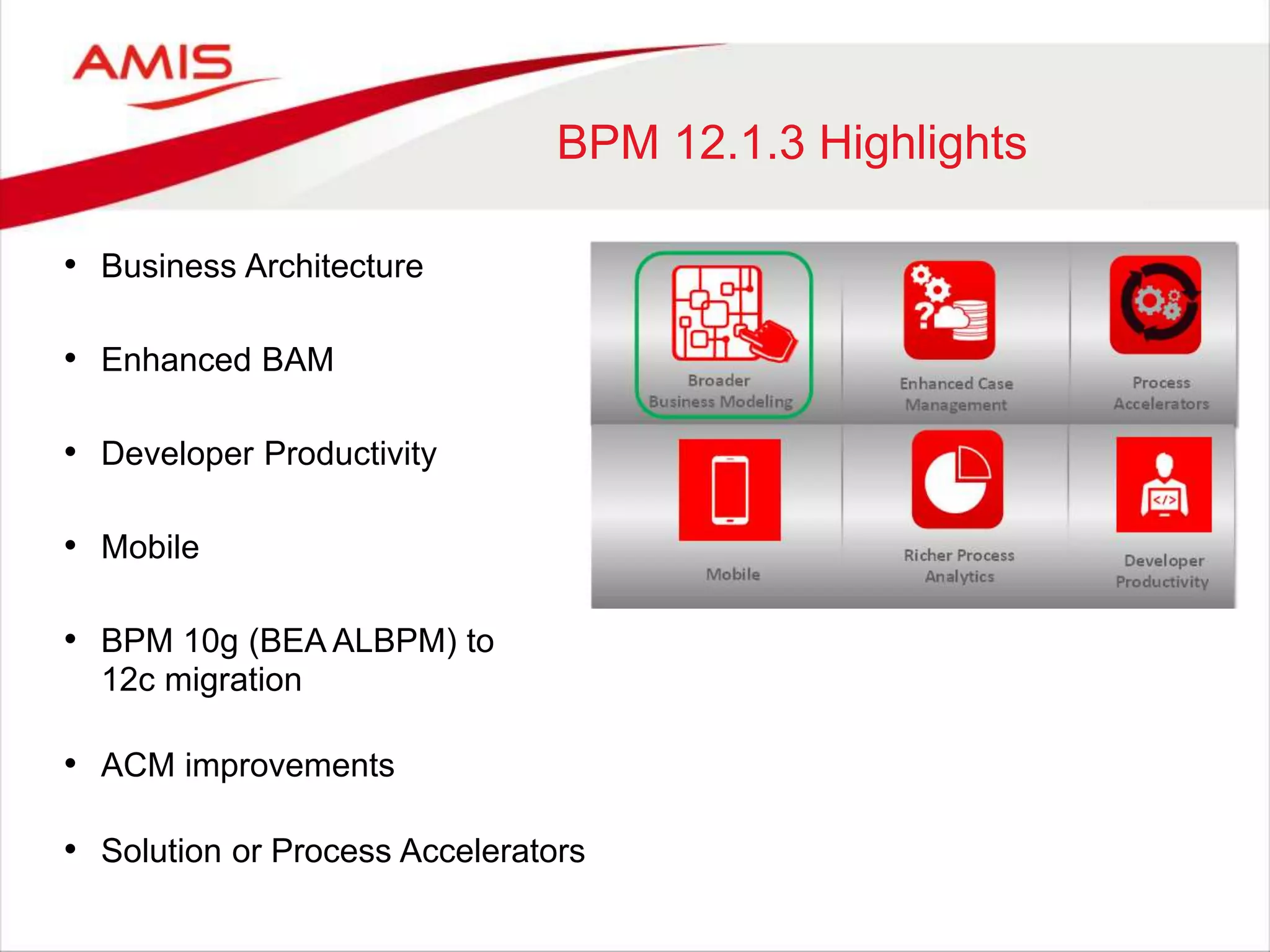 BPM 12.1.3 Highlights
• Business Architecture
• Enhanced BAM
• Developer Productivity
• Mobile
• BPM 10g (BEA ALBPM) to
12c migration
• ACM improvements
• Solution or Process Accelerators
 