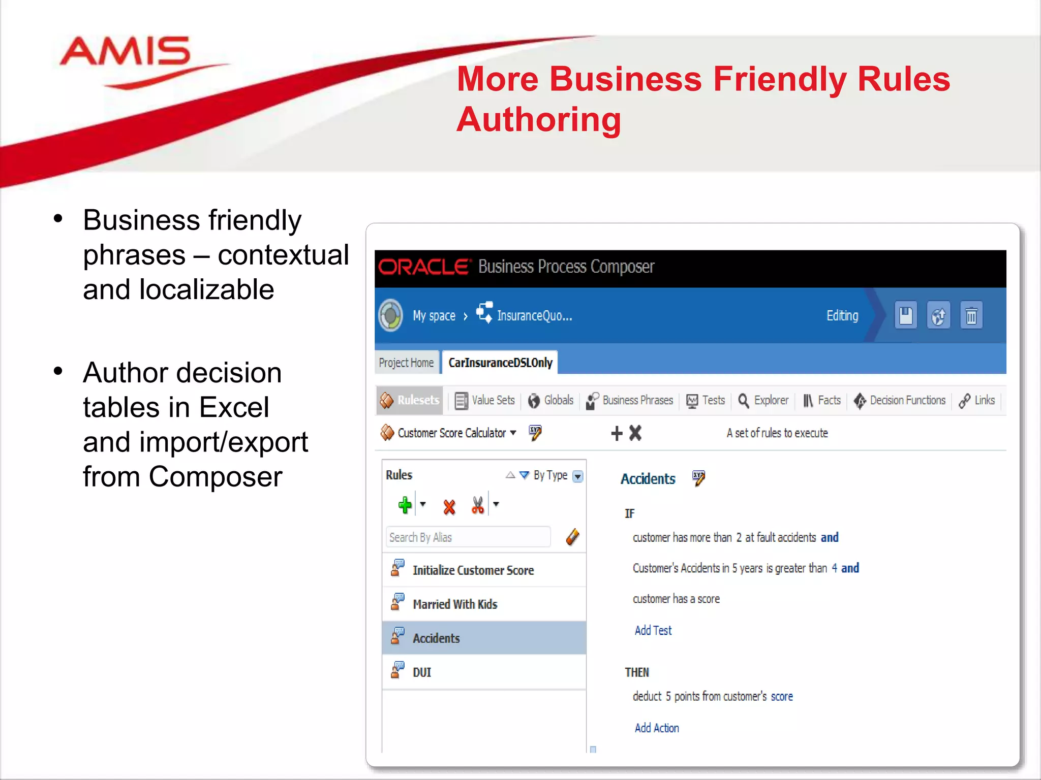 More Business Friendly Rules
Authoring
• Business friendly
phrases – contextual
and localizable
• Author decision
tables in Excel
and import/export
from Composer
 
