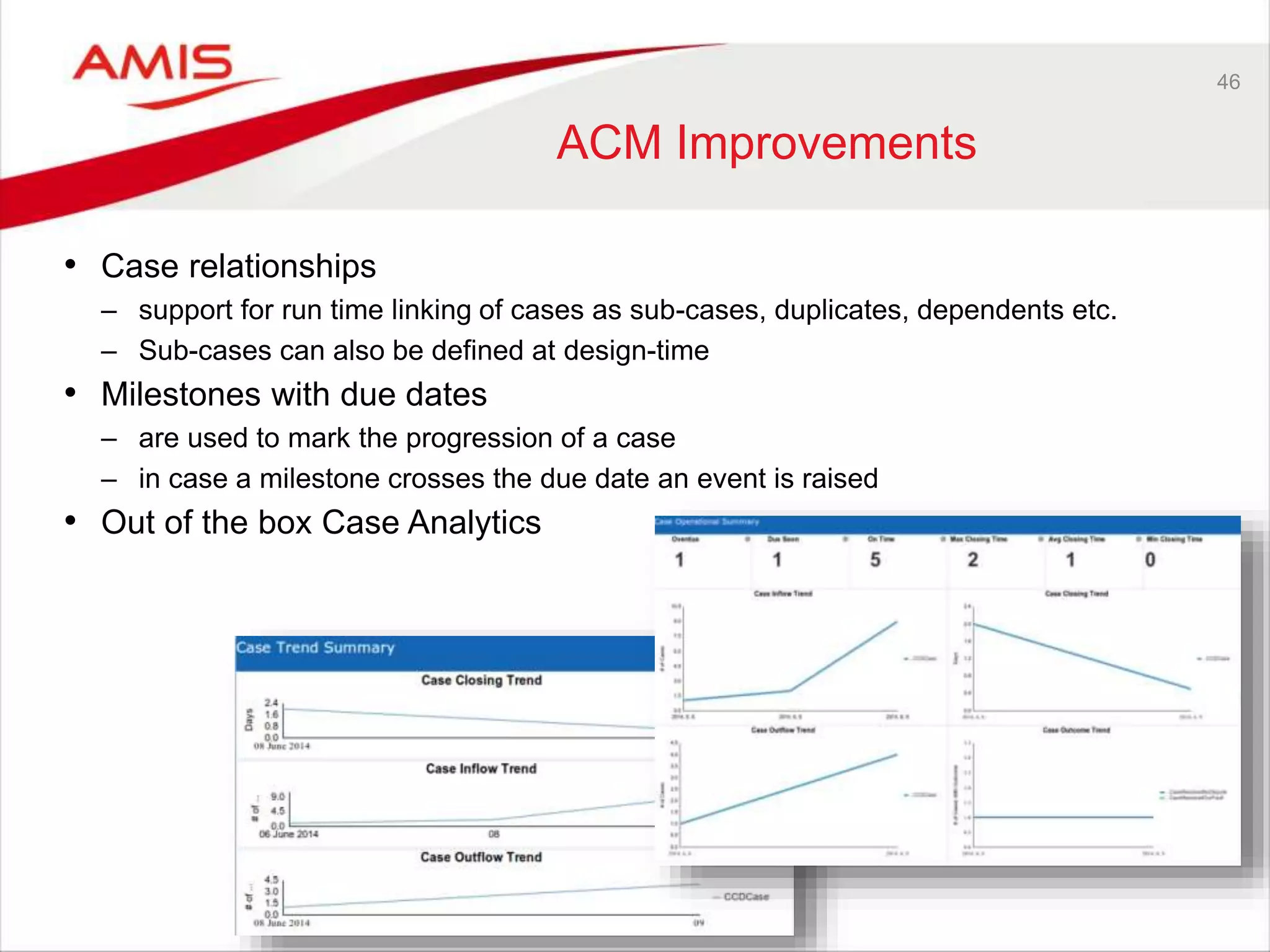 46
ACM Improvements
• Case relationships
– support for run time linking of cases as sub-cases, duplicates, dependents etc.
– Sub-cases can also be defined at design-time
• Milestones with due dates
– are used to mark the progression of a case
– in case a milestone crosses the due date an event is raised
• Out of the box Case Analytics
 